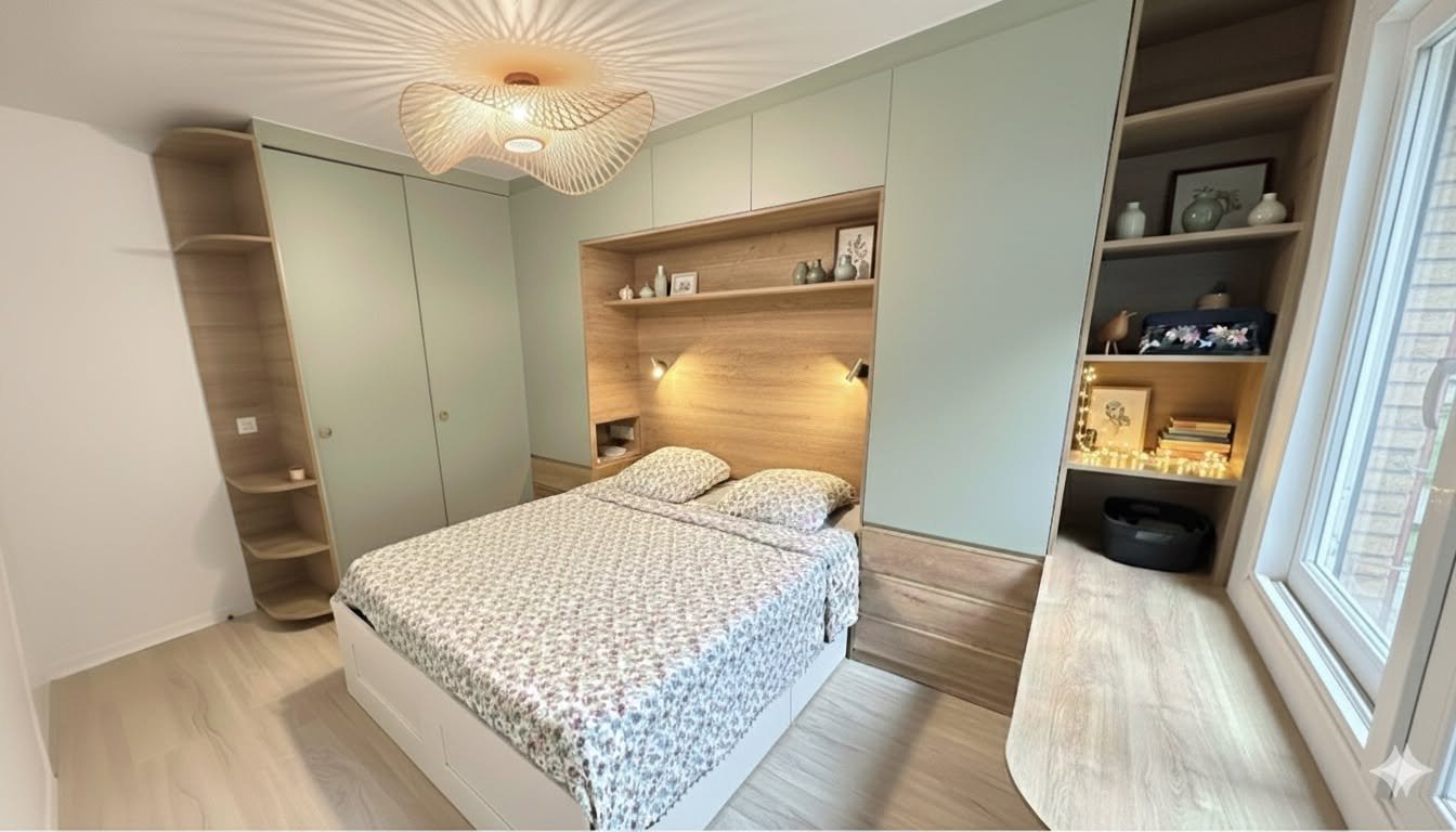 Chambre avec dressing, placards et tête de lit bois sur mesure